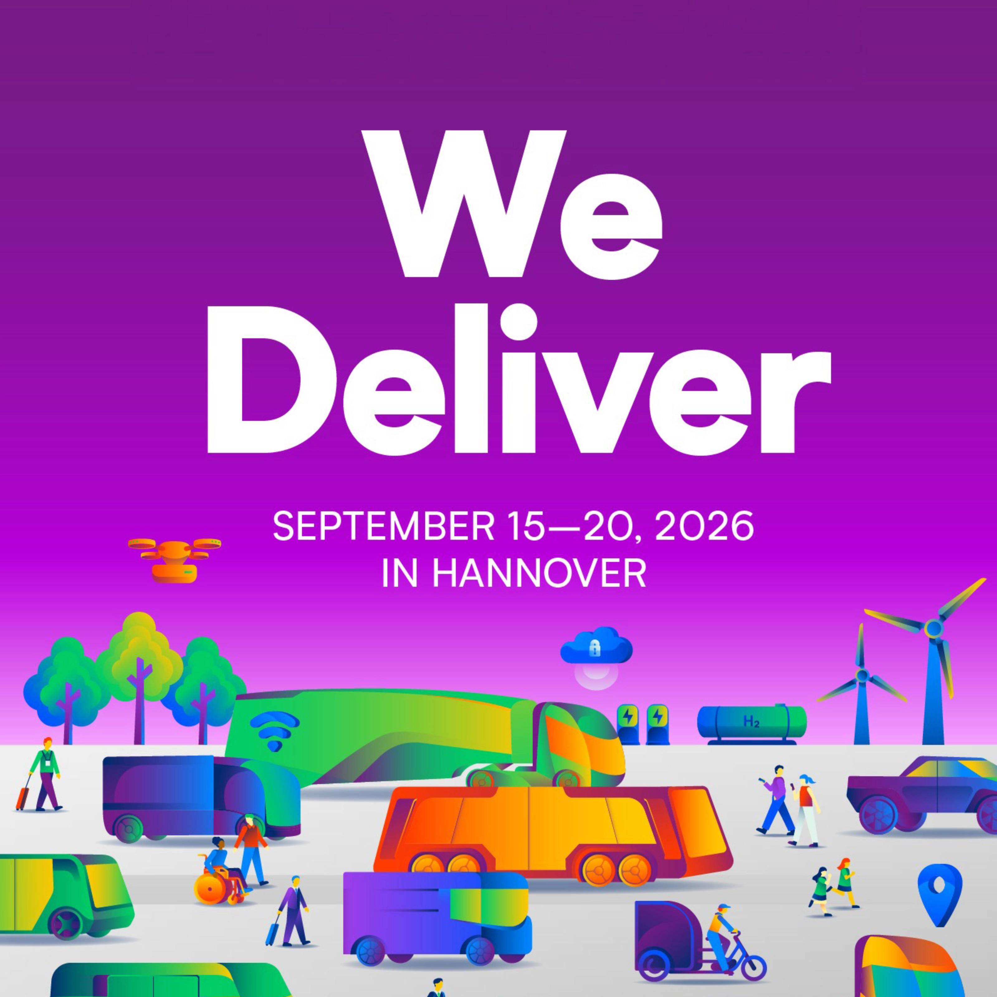 IAA TRANSPORTATION 2026 in Hannover with slogan We Deliver and transport icons.