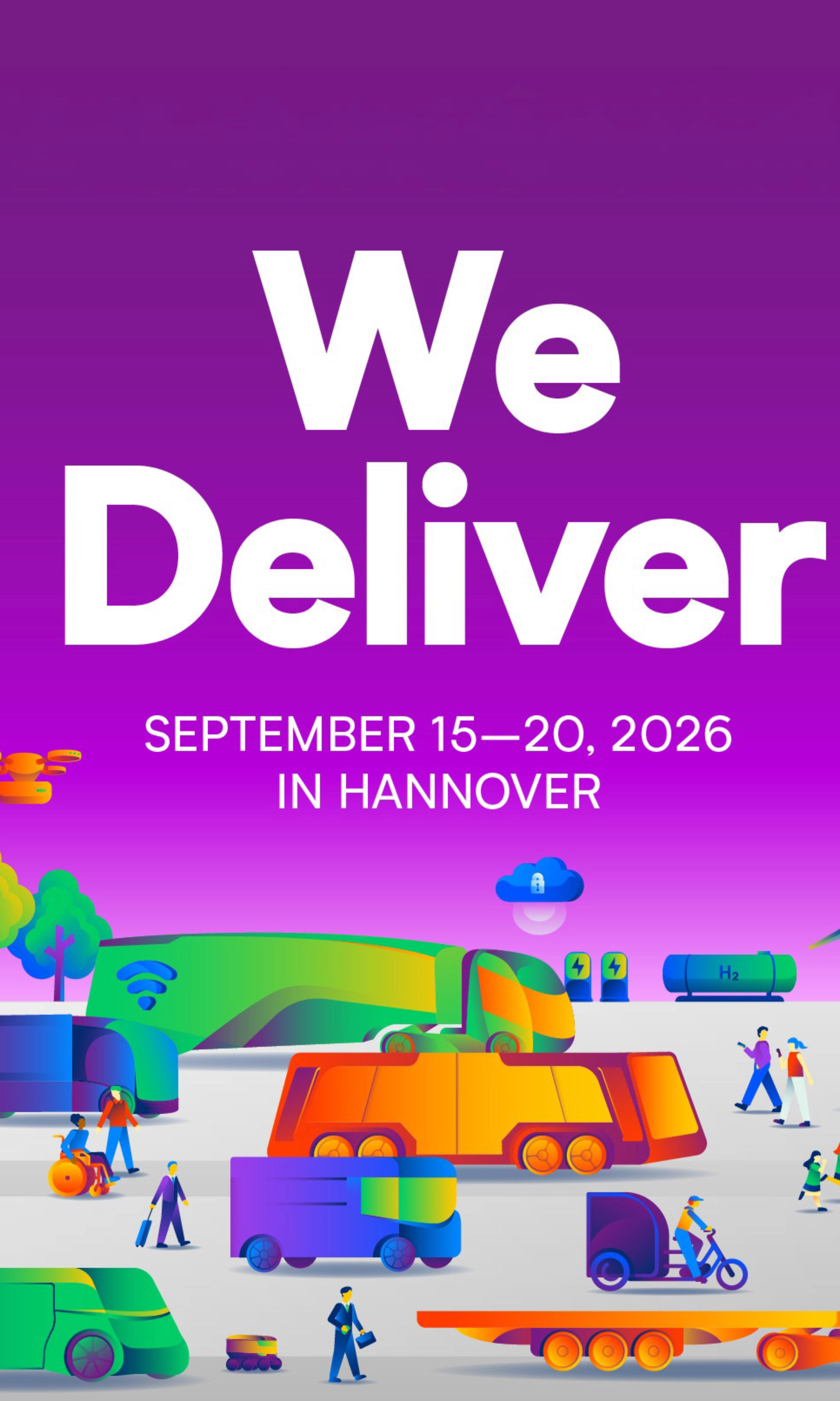 IAA TRANSPORTATION 2026 in Hannover with slogan We Deliver and transport icons.