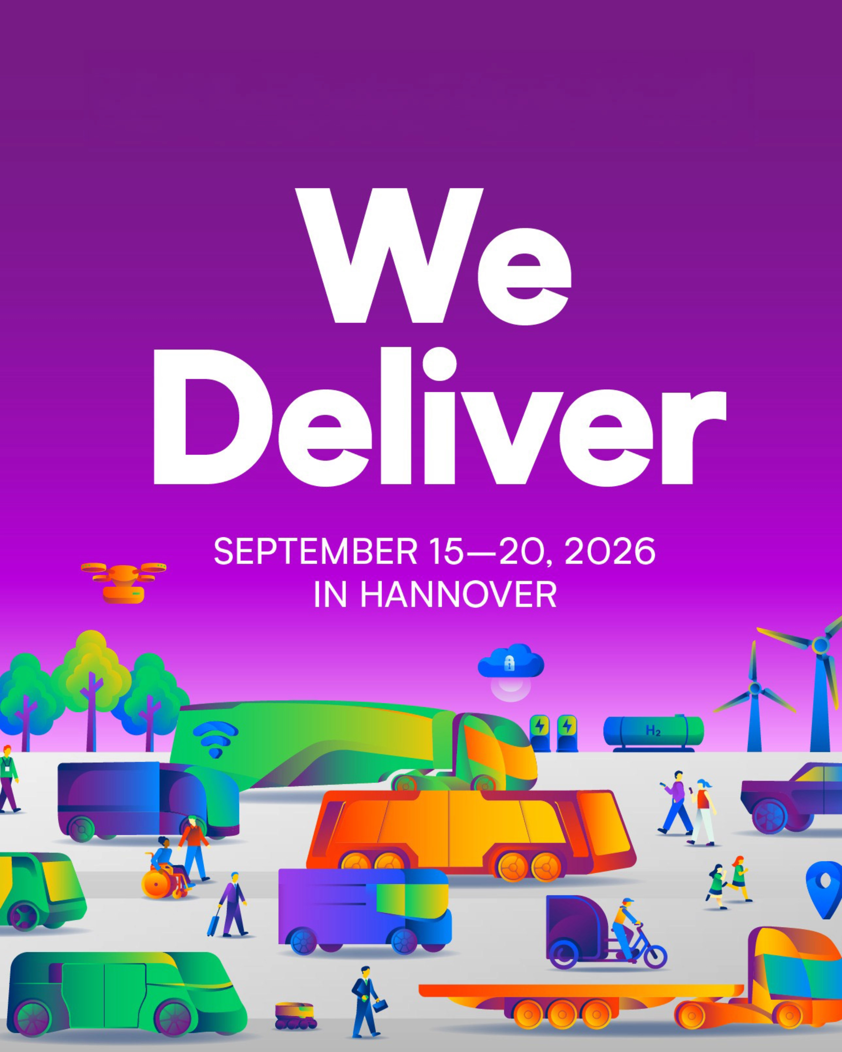 IAA TRANSPORTATION 2026 in Hannover with slogan We Deliver and transport icons.