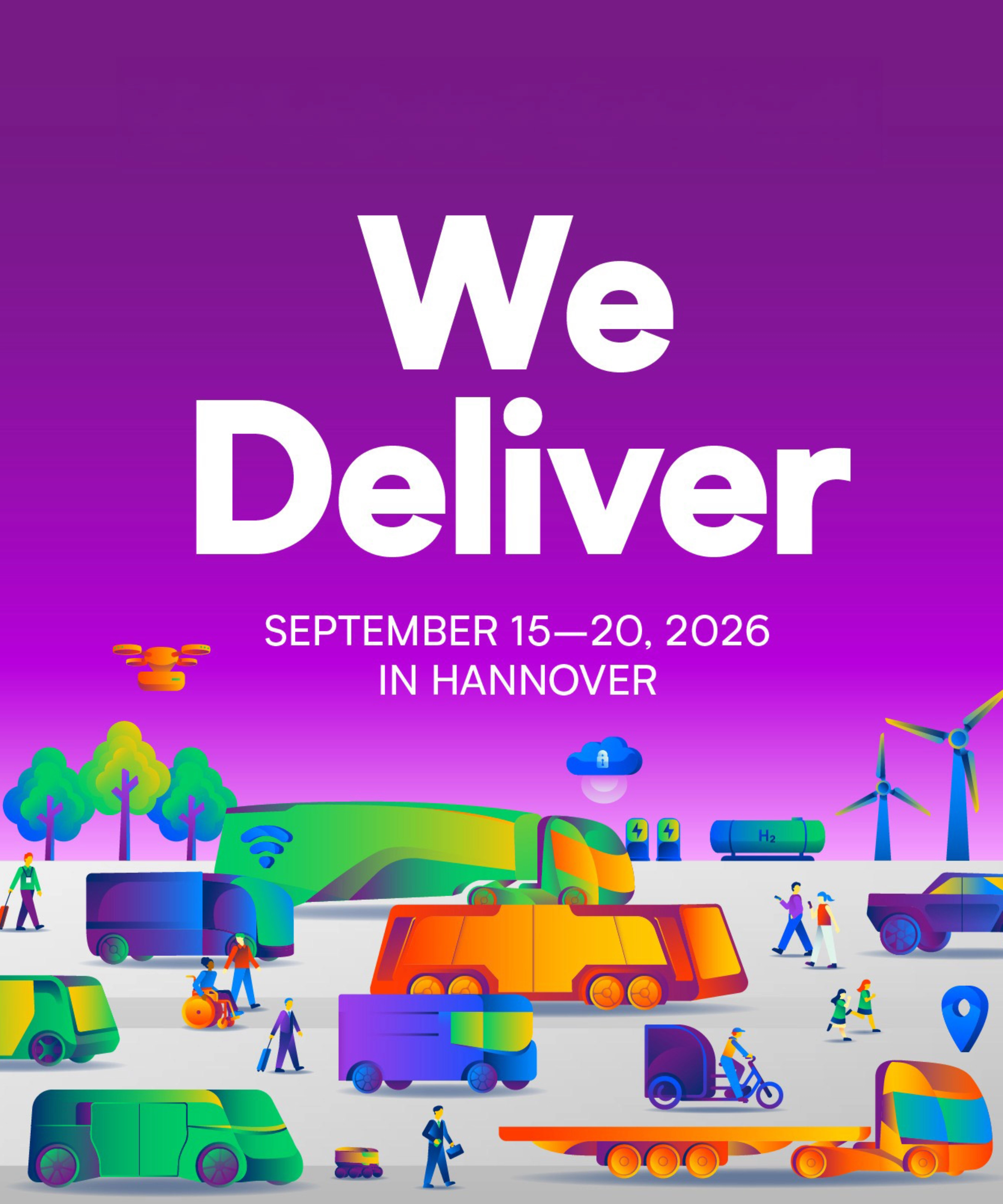 IAA TRANSPORTATION 2026 in Hannover with slogan We Deliver and transport icons.