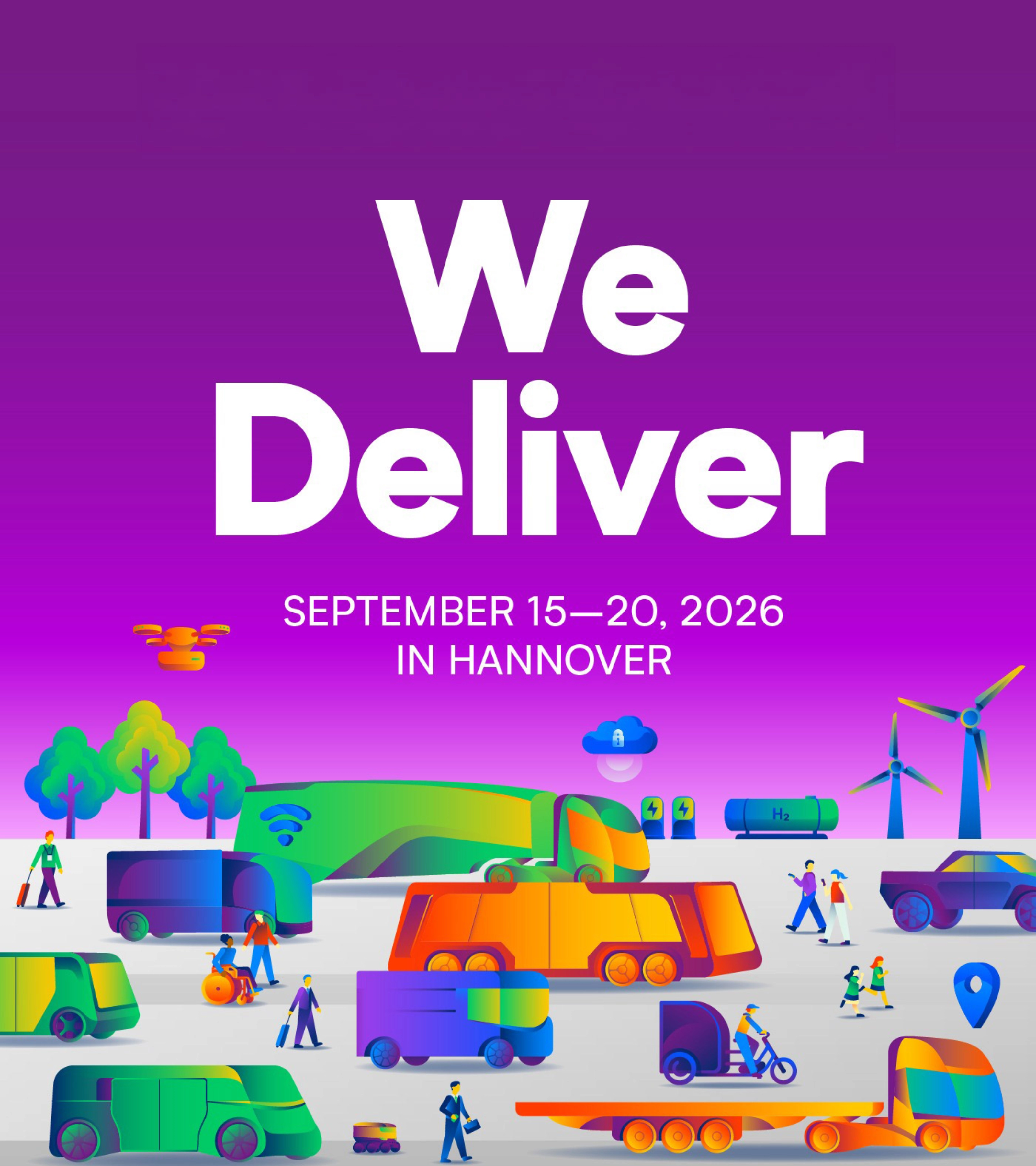 IAA TRANSPORTATION 2026 in Hannover with slogan We Deliver and transport icons.