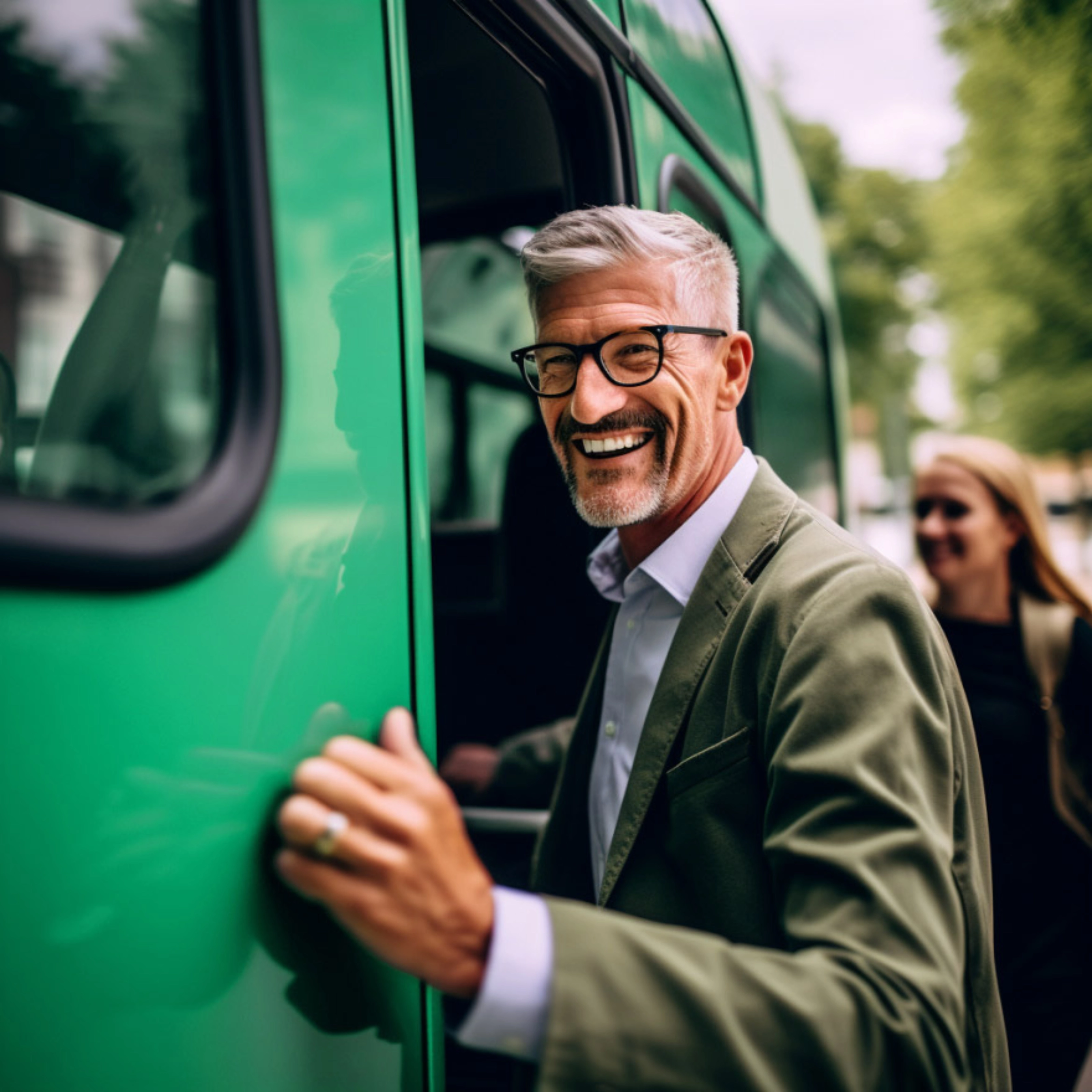 Lächelnder Mann mit Brille steigt in einen grünen Bus ein.