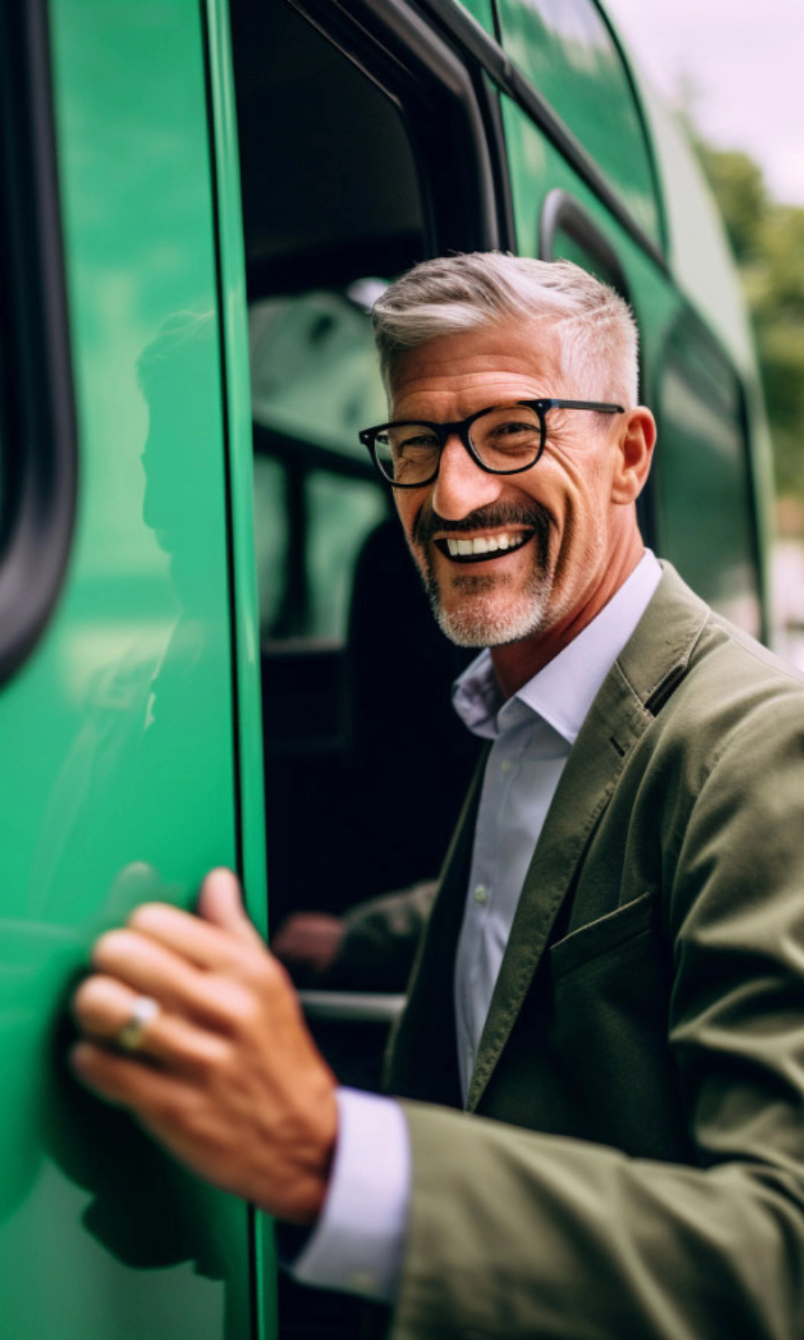 Lächelnder Mann mit Brille steigt in einen grünen Bus ein.
