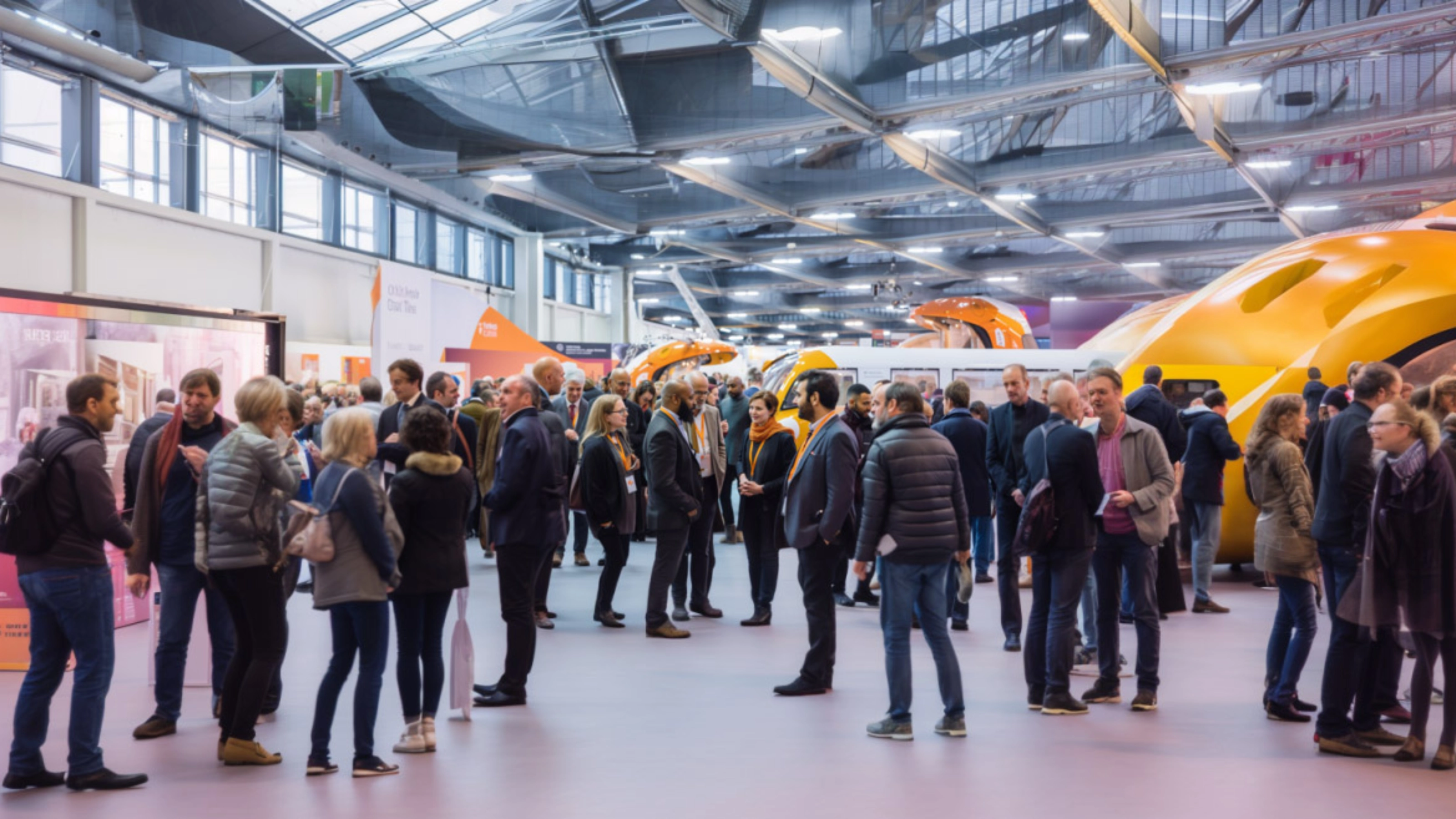 Besucher stehen und sprechen in einer Messehalle mit großen Fahrzeugen.