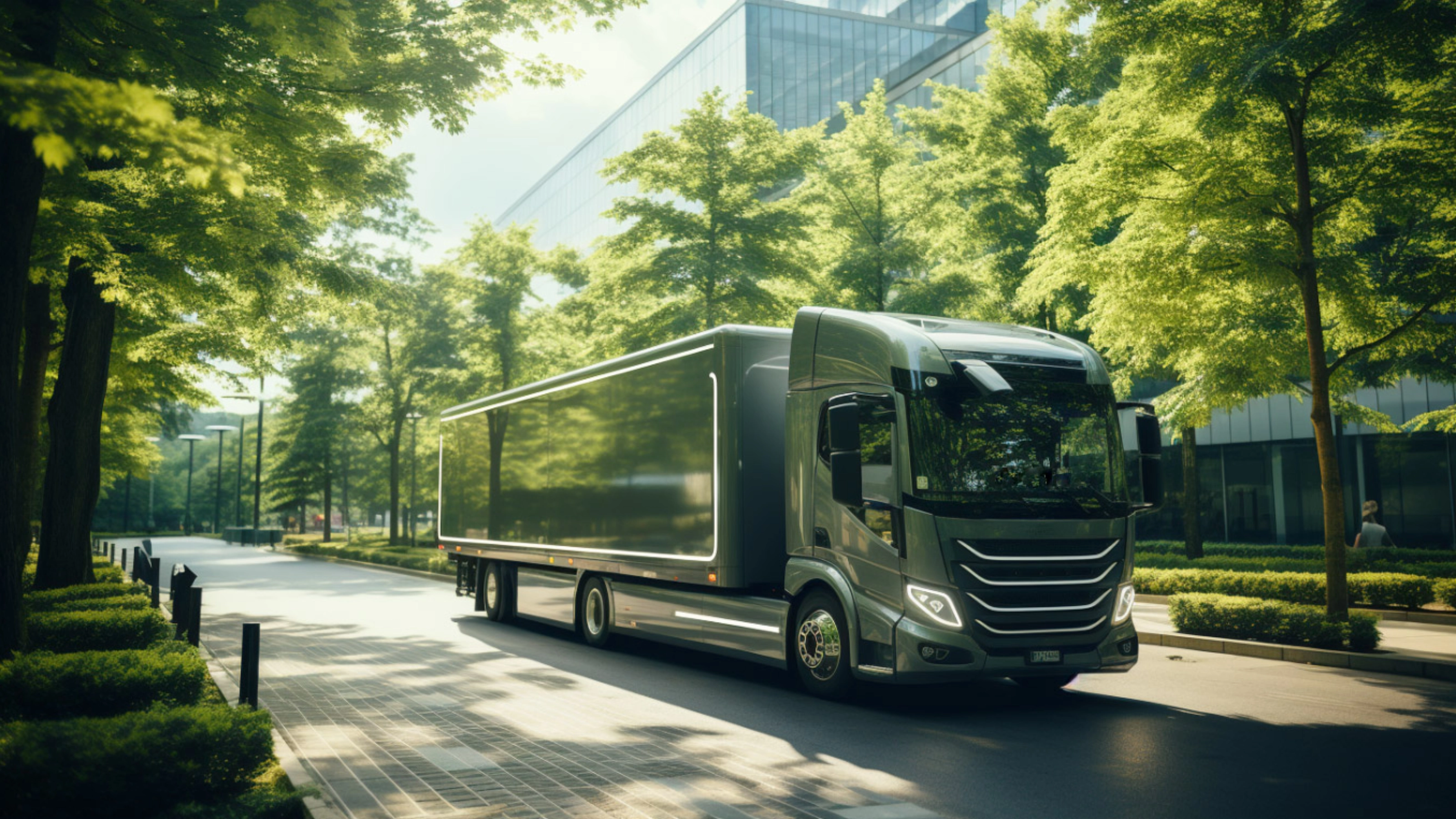 Elektro-Lkw fährt tagsüber auf einer von Bäumen gesäumten Stadtstraße.